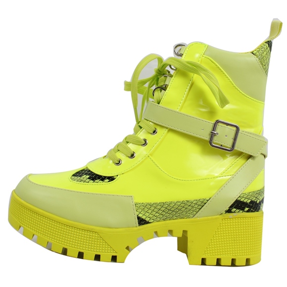 Lemonade Neon Yellow Lace-Up Lug Platform Block Heel Boot - Picture 1 of 7